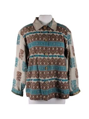 West End Beige Blue Linen Blend Ethnic Indian Long Sleeve Button Up Shacket